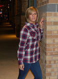 Red Plaid Print Top with optional roll up sleeves and front pockets