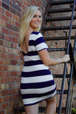 Navy and White Knit Scoop Back, Wide Striped Dress