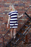 Navy and White Knit Scoop Back, Wide Striped Dress