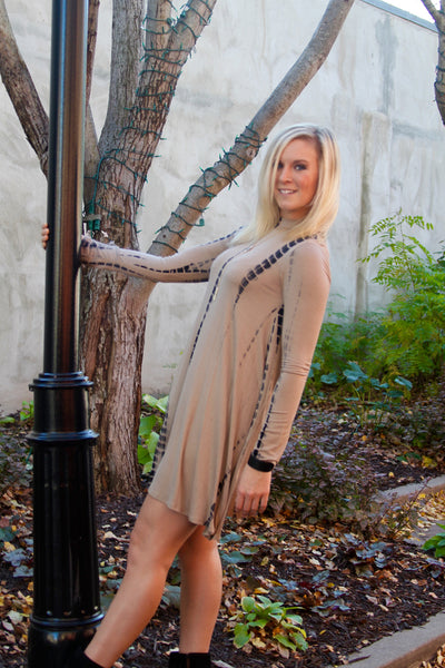 Tan and Black Bamboo Tie Dye Print Trapeze Dress