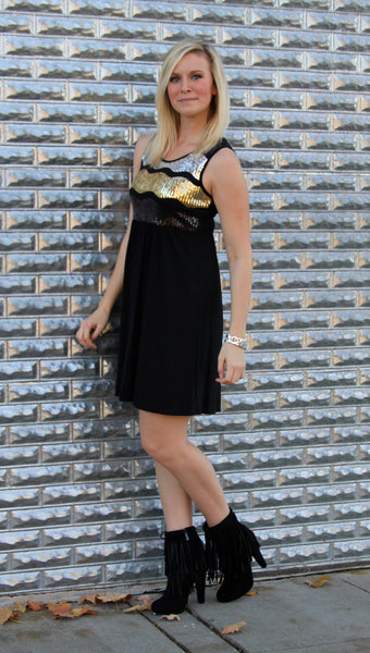Black Sequin Chevron Midi Dress