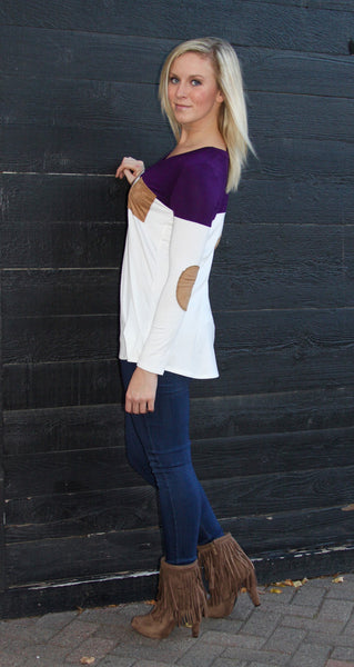 Plum and White Color Block Top Suede Accent