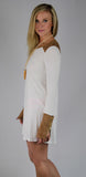 White with Suede Shoulder and Cuff Zipper Sleeve Dress