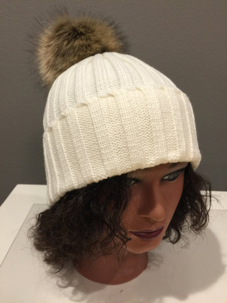 Off White Knit Hat with Fur Pom Pom