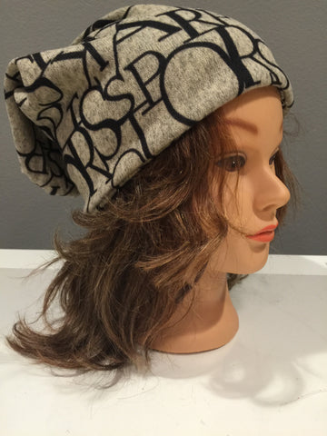 Beige with Black Lettering Hat Skullie Beanie or Headband