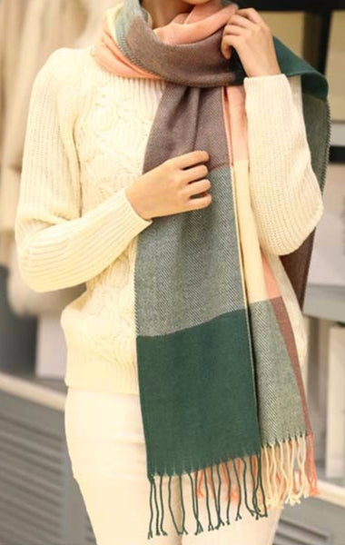 Ivory Teal and Pink Scarf with Fringe