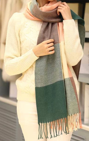 Ivory Teal and Pink Scarf with Fringe