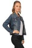 Denim Hip Length Buttoned Embellished Jacket