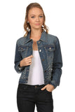 Denim Hip Length Buttoned Embellished Jacket