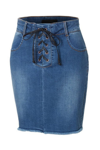 Lace Up Distressed Denim Mini Skirt