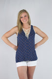 Navy Printed Lace Up Swing Tank