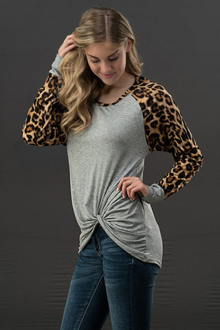 Long Sleeve Leopard Print Twist Front Top