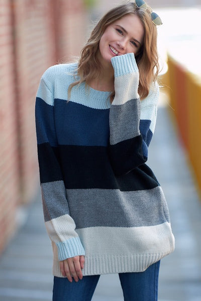 Long Sleeve Color-block Striped Sweater