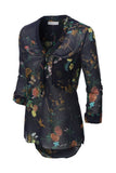 Womens Roll Up Long Sleeve Floral Print Chiffon Blouse Top