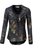 Womens Roll Up Long Sleeve Floral Print Chiffon Blouse Top