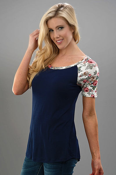 Navy Tee with Floral Sleeves