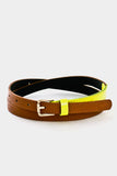 Slim Faux Brown Leather and Neon Yellow Patent Belt
