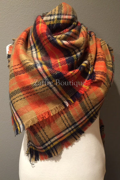 Tan Orange Navy Yellow and White Tartan Plaid Oversized Blanket Scarf