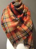 Tan Orange Navy Yellow and White Tartan Plaid Oversized Blanket Scarf