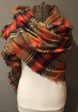 Tan Orange Navy Yellow and White Tartan Plaid Oversized Blanket Scarf