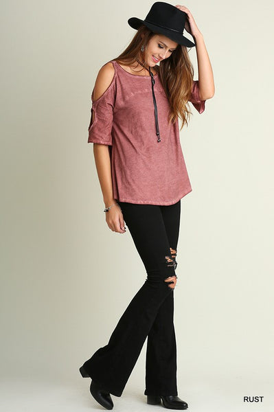 Rust Red Washed Open Shoulder Top