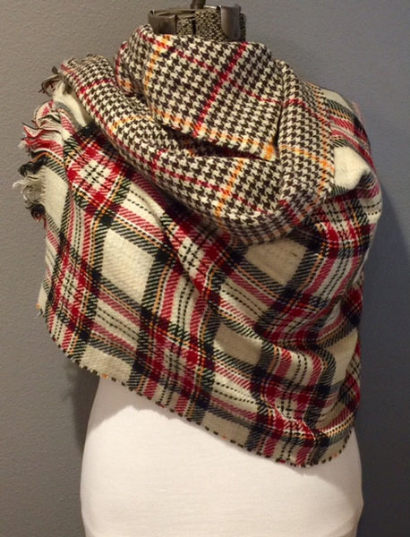 Red Black Ivory and yellow Plaid Oversized Blanket Scarf