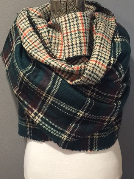 Green Black Orange and Ivory Plaid Oversized Blanket Scarf