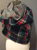 Navy Green Red and Ivory Plaid Oversized Blanket Scarf