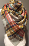 Gray Orange Yellow Brown and Green Plaid Oversized Blanket Scarf