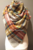 Gray Orange Yellow Brown and Green Plaid Oversized Blanket Scarf