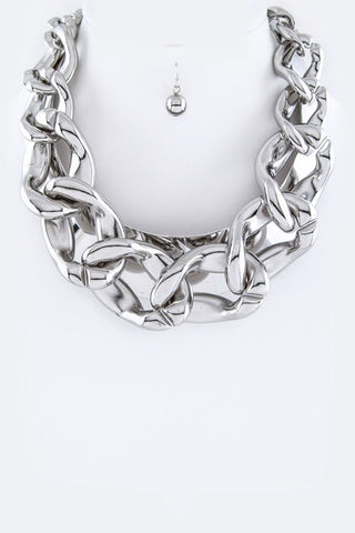 Chunky Chain & Metal Collar Necklace Set Silver