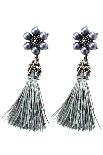 Gray Floral Pearl Post Earrings with Tassels