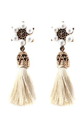 Floral Pearl Post Earrings with Tassels