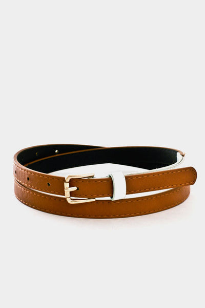 Slim Faux Brown Leather and White Patent Belt
