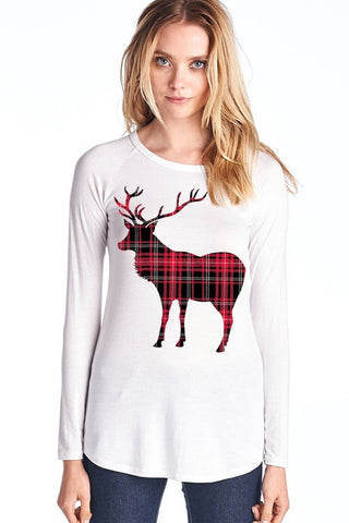 White Plaid Deer Design Top