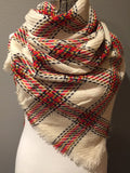 Ivory with Red Yellow Green and Black Windowpane Plaid Oversized Blanket Scarf