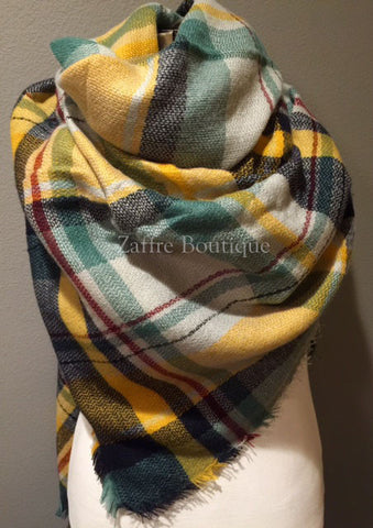 Yellow Navy Green White and Red Plaid Oversized Blanket Scarf