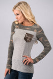 Camouflage Color Block Top with Sequin Pocket