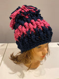 Navy with Rose Chunky Pom Pom Hat, crochet hat, homemade hat, blue and pink hat, knit hat, knitted hat, winter hat, beanie, slouching hat