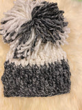 Chunky Gray and white chunky crochet hat, Gray and Cream Hat, Pom Pom Hat, Silver and White Hat, Hand Made Hat, Cute Crochet Hat