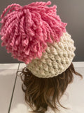 Ivory and Pink Chunky Crochet Hat, knitted hat, homemade hat, Pom Pom hat, pink and white hat, ribbed hat, cute hat, winter hat, beanie