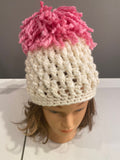 Ivory and Pink Chunky Crochet Hat, knitted hat, homemade hat, Pom Pom hat, pink and white hat, ribbed hat, cute hat, winter hat, beanie