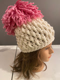 Ivory and Pink Chunky Crochet Hat, knitted hat, homemade hat, Pom Pom hat, pink and white hat, ribbed hat, cute hat, winter hat, beanie