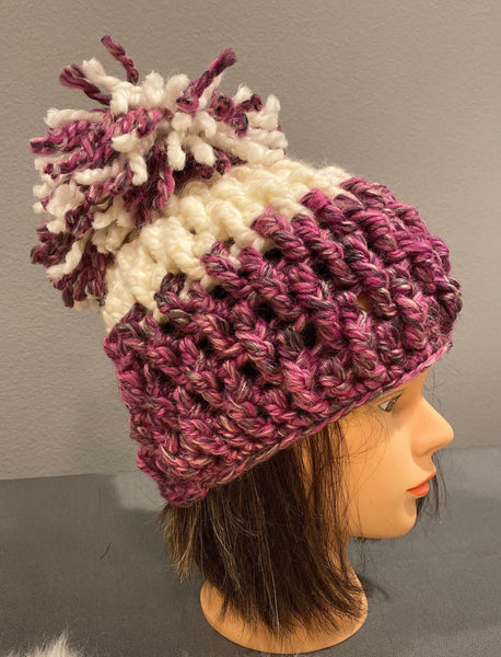 Berries And Cream Chunky Crochet Hat, pink and white hat, winter hat, Pom Pom hat, beanie, slouchie hat, chunky hat, homemade hat, cute hat