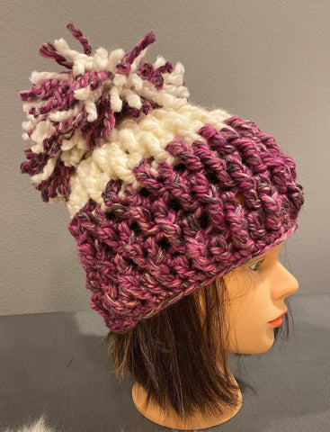Berries And Cream Chunky Crochet Hat, pink and white hat, winter hat, Pom Pom hat, beanie, slouchie hat, chunky hat, homemade hat, cute hat