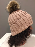 Beige Knit Hat with brown Fur pom pom.