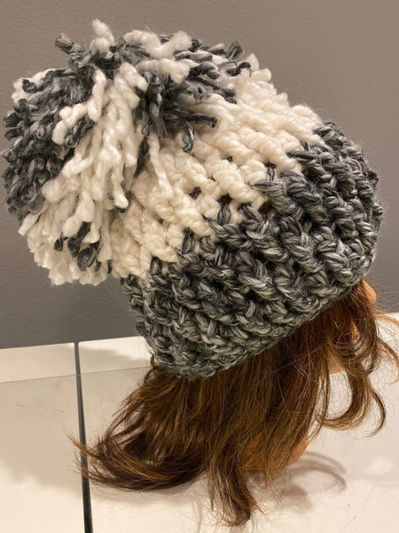 Chunky Gray and white chunky crochet hat, Gray and Cream Hat, Pom Pom Hat, Silver and White Hat, Hand Made Hat, Cute Crochet Hat