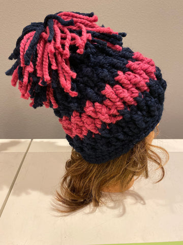 Navy with Rose Chunky Pom Pom Hat, crochet hat, homemade hat, blue and pink hat, knit hat, knitted hat, winter hat, beanie, slouching hat