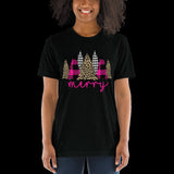 Merry Plaid Leopard Houndstooth Christmas Trees Short sleeve t-shirt, Gift for Her, Pine Trees Shirt, Holiday Shirt, Festive Tshirt