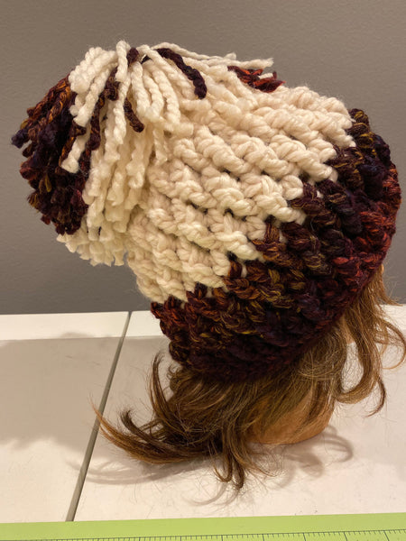Chunky Brown and Cream Crochet hat with Pom Pom, Multi-color Hat, Neutral Pom Pom Hat, Harvest and Beige Hat, Chocolate and Cream Hat